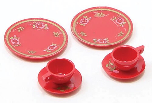 6 Pc. or 2 Miniature Red Plate Settings I Dollhouse Red Dishes I Miniature Doll Plates I Miniature Dollhouse Dishes I 1:12 Scale Accessories