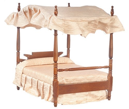 Miniature Walnut Double Canopy Bed I Dollhouse Miniature Furniture I Miniature 1:12 Scale Canopy Bed I Miniature Bedroom Furniture