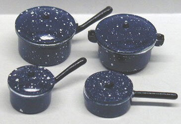 8 Pc. Dollhouse Blue Spatter Pot Set I Miniature Doll Pots I Miniature Dollhouse Kitchenware I 1:12 Scale Dollhouse Cooking Accessories