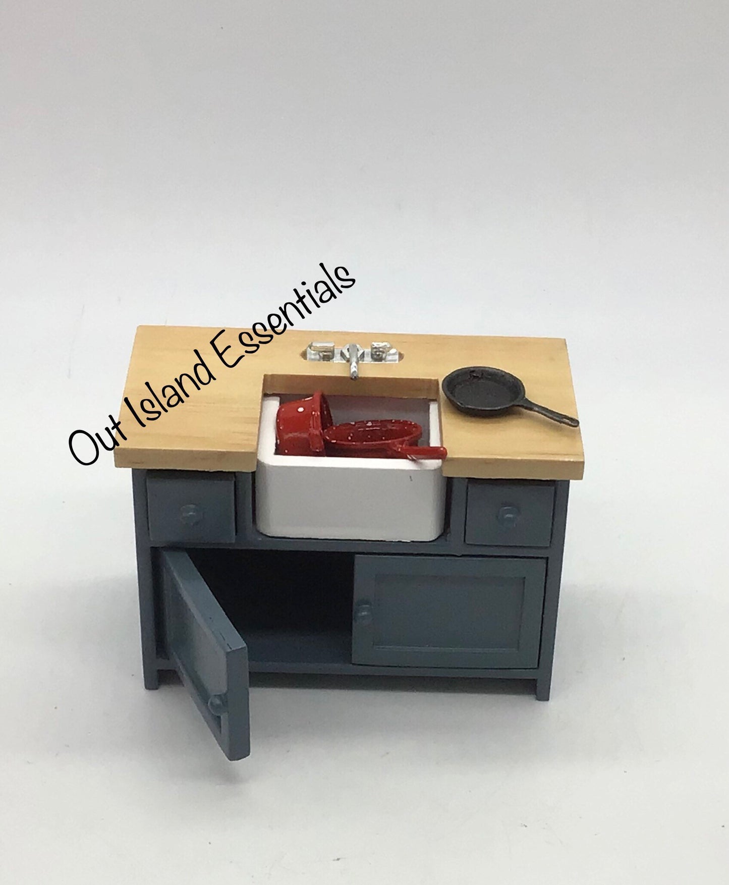 Miniature  Kitchen Sink I Dollhouse Miniature Blue/Oak Kitchen Sink I Miniature 1:12 Scale Kitchen Sink Unit