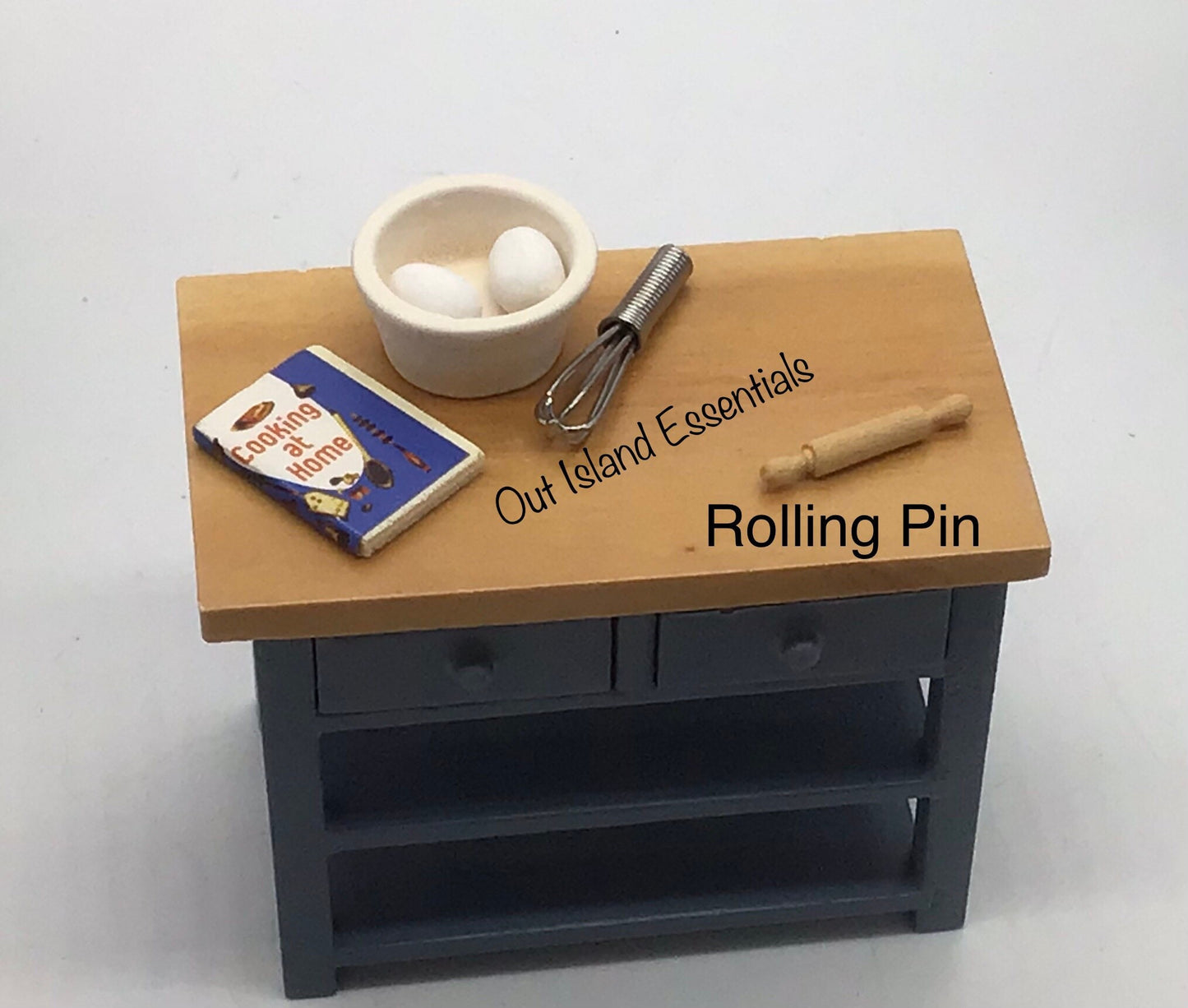 Miniature Small Kitchen Table With Drawers I Dollhouse Miniature Blue & Oak Kitchen Extra Counter Furniture I Miniature 1:12 Scale Kitchen