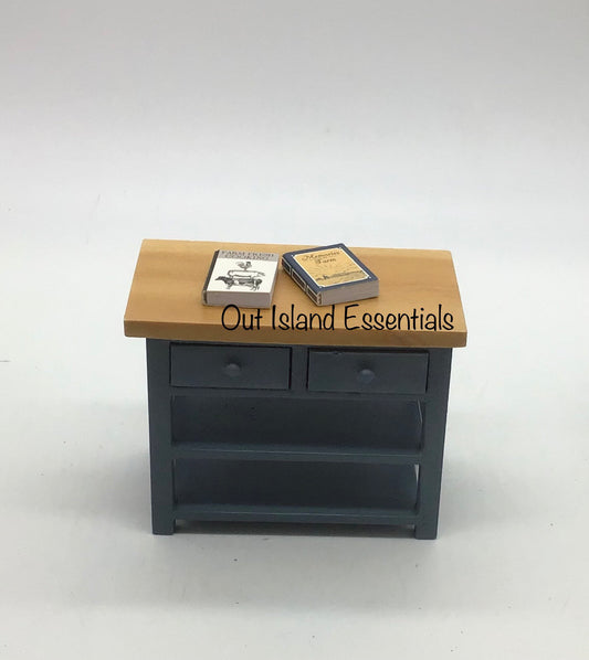 Miniature Small Kitchen Table With Drawers I Dollhouse Miniature Blue & Oak Kitchen Extra Counter Furniture I Miniature 1:12 Scale Kitchen