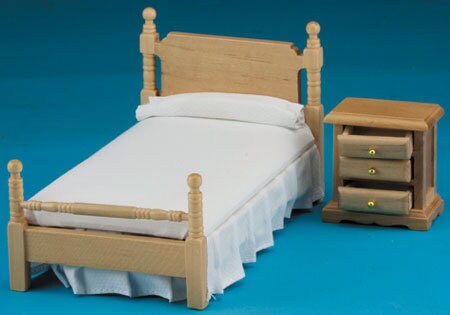 Miniature Oak Twin Bed And Nightstand I Dollhouse Miniature Bedroom Furniture I Miniature 1:12 Scale Bedroom Set