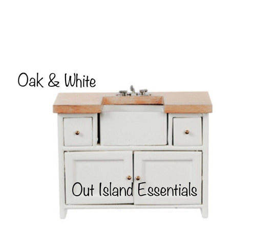 Miniature  Oak Kitchen Sink I Dollhouse Miniature White And Oak Kitchen Sink I Miniature 1:12 Scale Kitchen Sink Unit