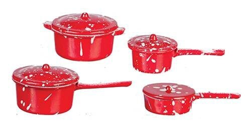 8 Pc. Dollhouse Red Spatter Kitchenware I Miniature Doll Pots I Miniature Dollhouse Kitchenware I 1:12 Scale Dollhouse Cooking Accessories