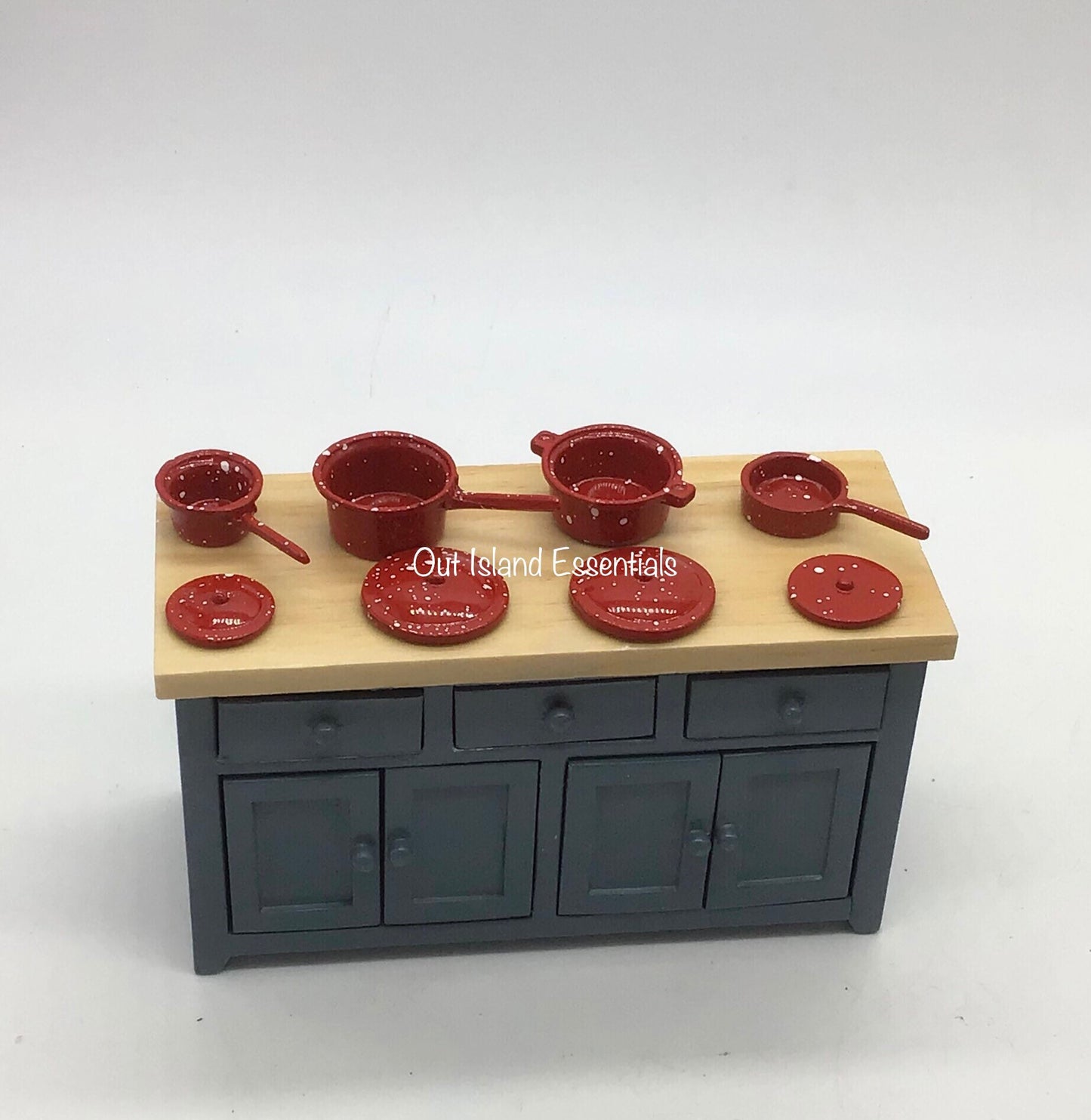 8 Pc. Dollhouse Red Spatter Kitchenware I Miniature Doll Pots I Miniature Dollhouse Kitchenware I 1:12 Scale Dollhouse Cooking Accessories