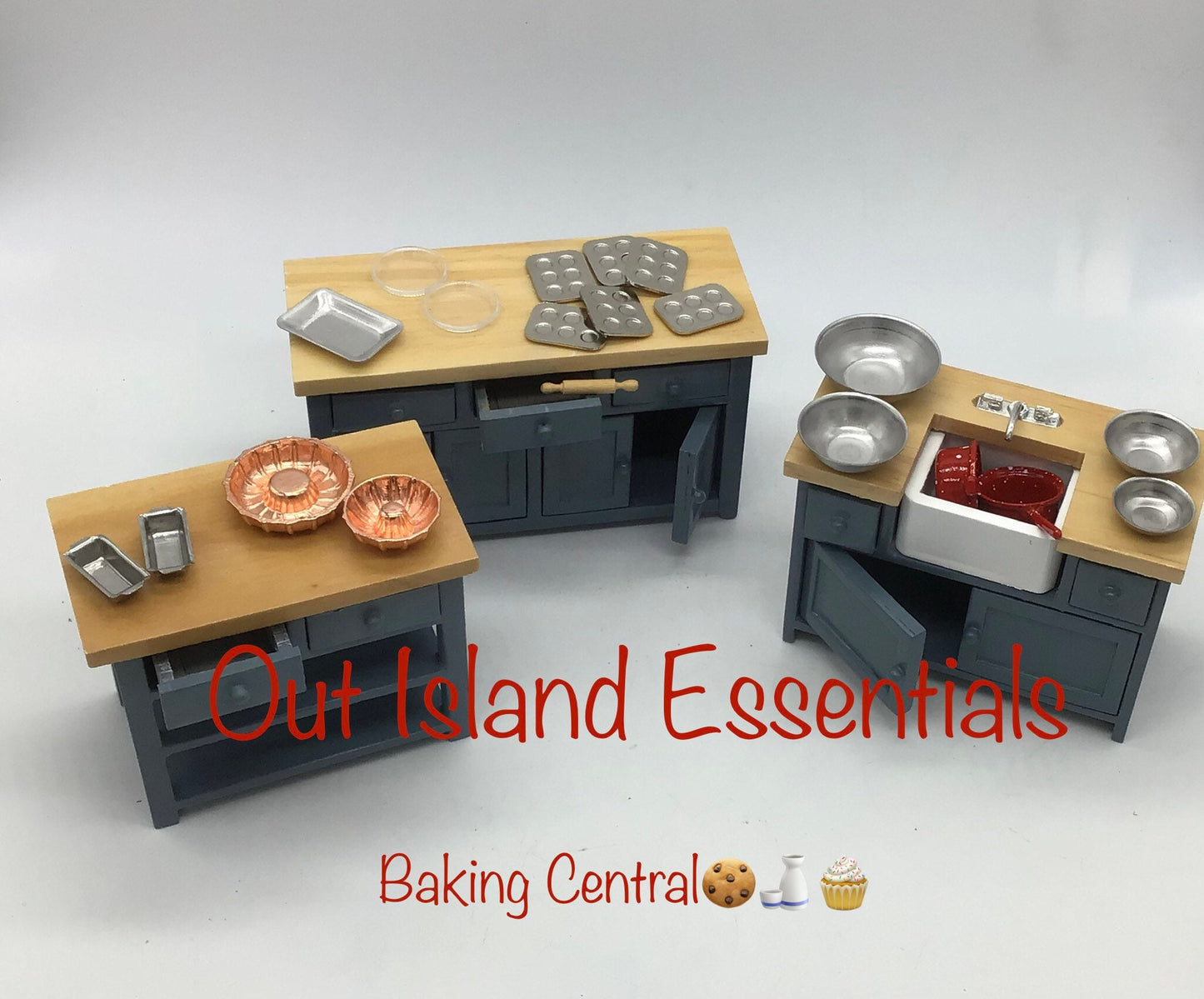 Miniature Small Kitchen Table With Drawers I Dollhouse Miniature Blue & Oak Kitchen Extra Counter Furniture I Miniature 1:12 Scale Kitchen