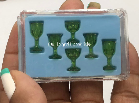 Miniature Stemware Glasses Set Of 6 | Dollhouse Green Cut Glasses I Miniature Doll Glasses I 1:12 Scale Dollhouse Accessories