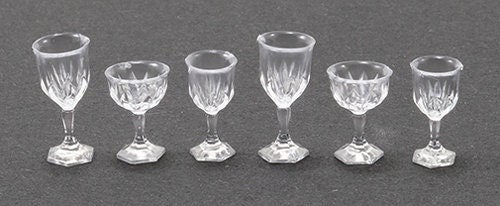 Miniature Stemware Glasses Set Of 6 | Dollhouse Clear Cut Glasses I Miniature Doll Glasses I 1:12 Scale Dollhouse Accessories