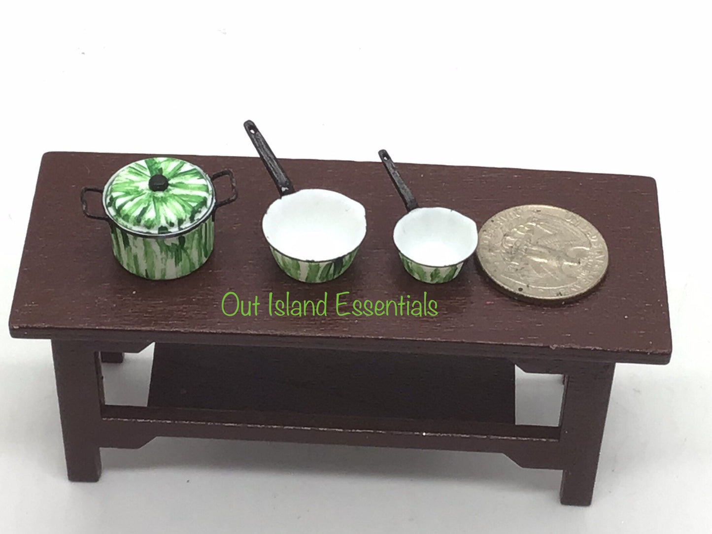 4 Pc. Dollhouse Green Flow Kitchenware I Miniature Doll Flow Sauce Pan I Miniature Dollhouse Kitchenware I 1:12 Scale Dollhouse Cooking Pots