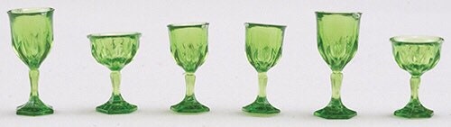 Miniature Stemware Glasses Set Of 6 | Dollhouse Green Cut Glasses I Miniature Doll Glasses I 1:12 Scale Dollhouse Accessories