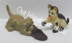 Miniature Dog With Shoe And Cat I Dollhouse Miniature Pets I Miniature Furry Pets I Miniature Dog Chewing Shoe & Cat