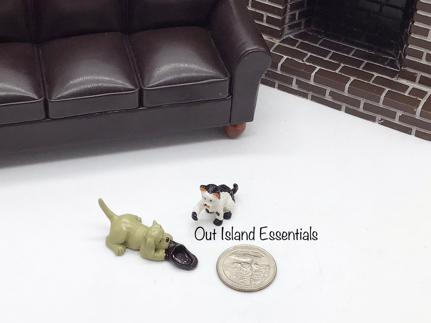 Miniature Dog With Shoe And Cat I Dollhouse Miniature Pets I Miniature Furry Pets I Miniature Dog Chewing Shoe & Cat