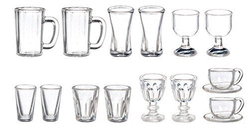 Miniature Kitchen Glasses Set Of 14 | Dollhouse Clear Glasses I Miniature Doll Glasses I 1:12 Scale Dollhouse Accessories | Serves 2