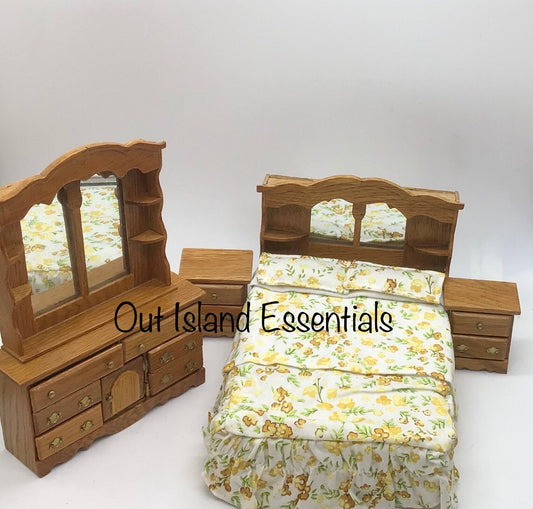 4 Pc. Miniature Oak Double Bedroom Set I Dollhouse Miniature Furniture I Miniature 1:12 Scale Oak Bed I Miniature Bedroom Set