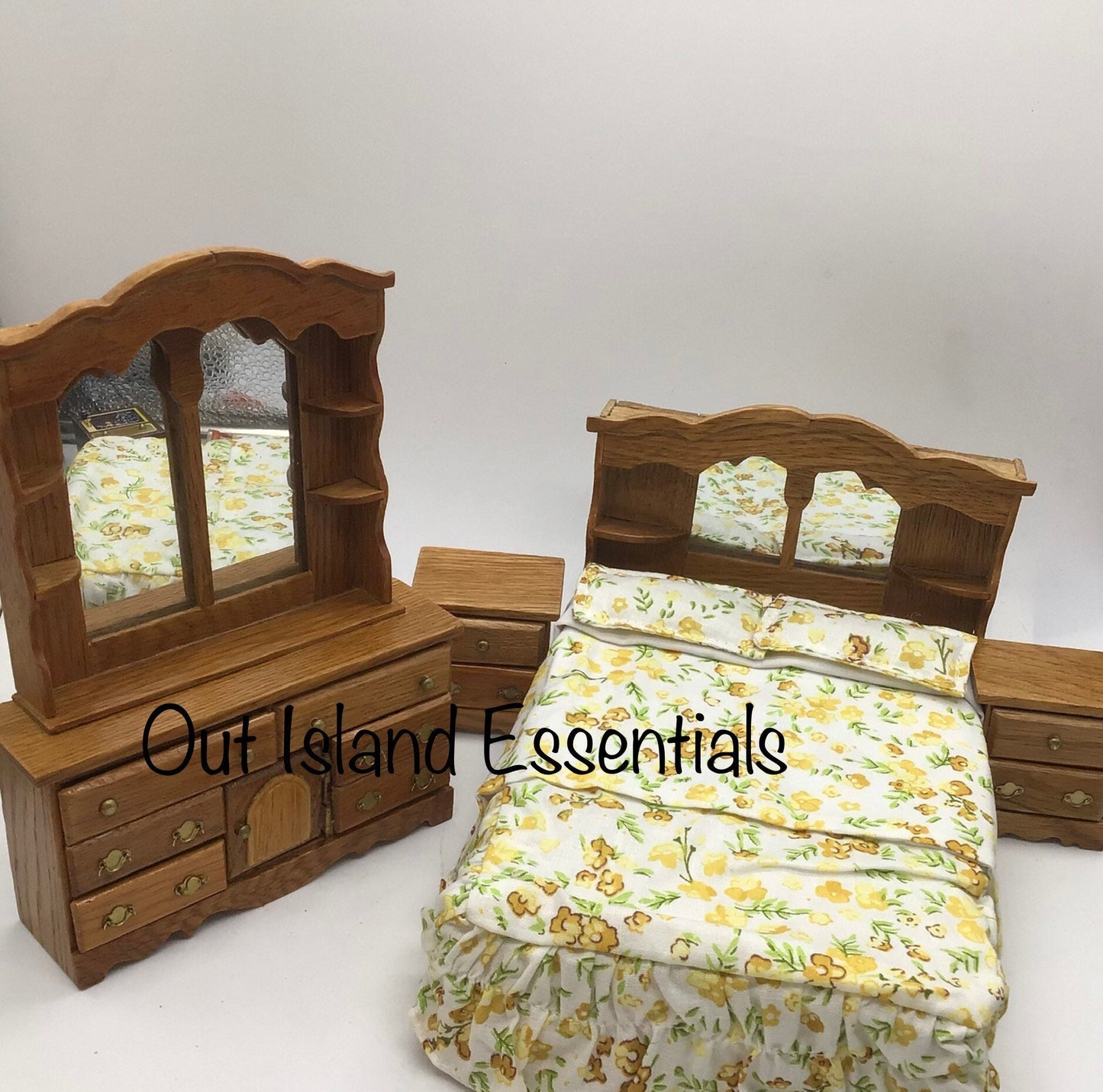 4 Pc. Miniature Oak Double Bedroom Set I Dollhouse Miniature Furniture I Miniature 1:12 Scale Oak Bed I Miniature Bedroom Set