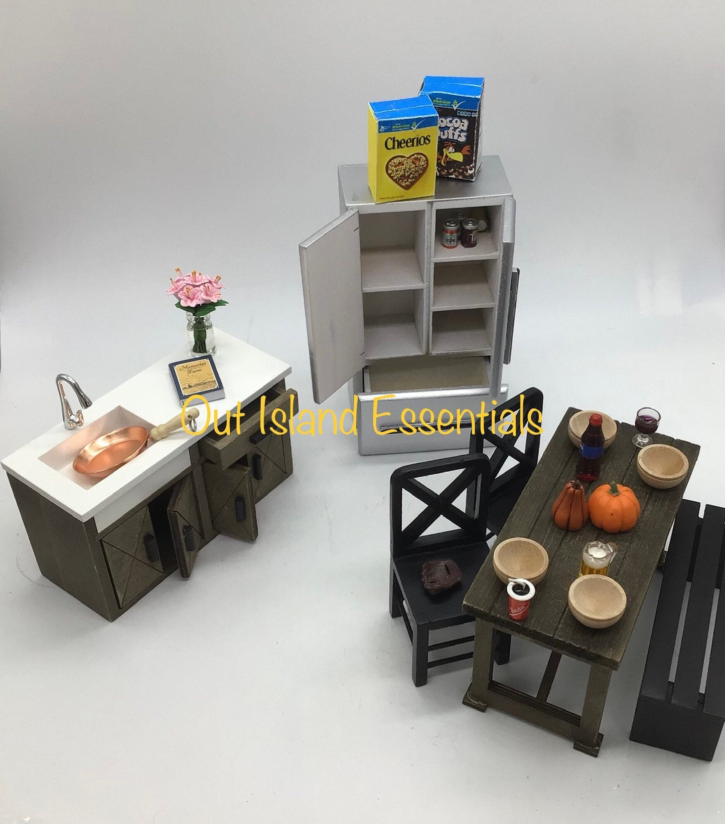 Miniature Kitchen & Dining I Dollhouse Miniature Dark Wood Table And Stainless Steel Fridge I Miniature 1:12 Scale Kitchen