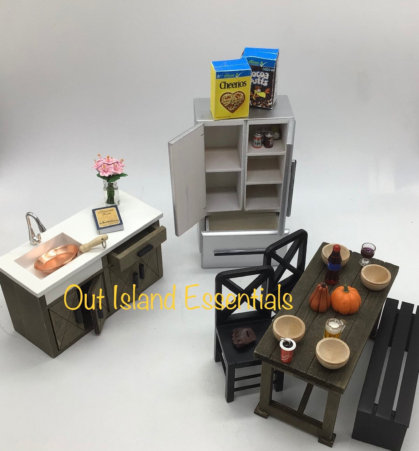 Miniature Kitchen & Dining I Dollhouse Miniature Dark Wood Table And Stainless Steel Fridge I Miniature 1:12 Scale Kitchen