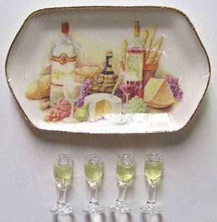 5 Pc. Miniature Wine Glasses & Cheese Tray I Dollhouse Entertaining I Miniature Wine Glasses And Tray I 1:12 Scale