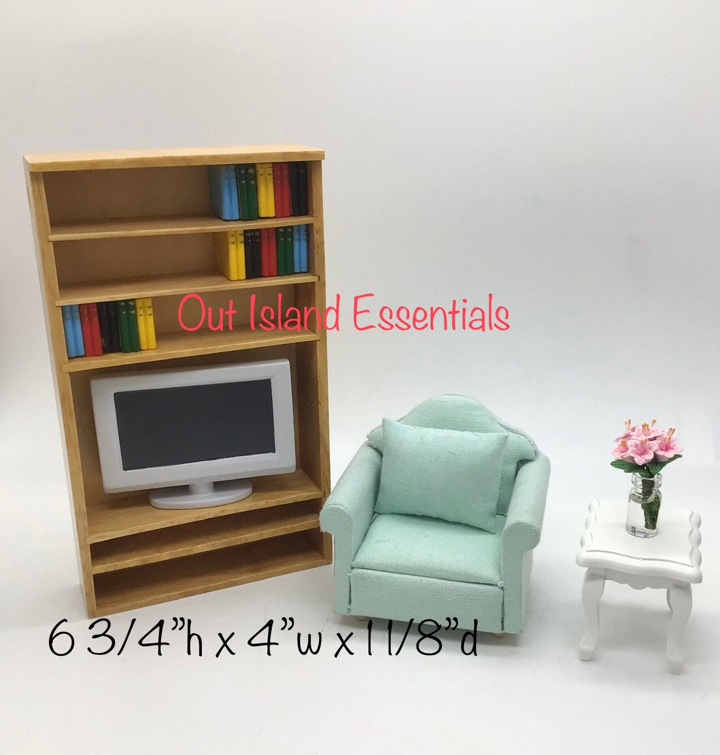 Miniature Book Shelf With T.V. & Books I Miniature Bookcase I Dollhouse Miniature Furniture I Miniature 1:12 Scale Display Bookshelf