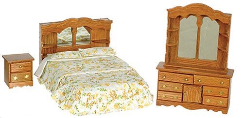 4 Pc. Miniature Oak Double Bedroom Set I Dollhouse Miniature Furniture I Miniature 1:12 Scale Oak Bed I Miniature Bedroom Set