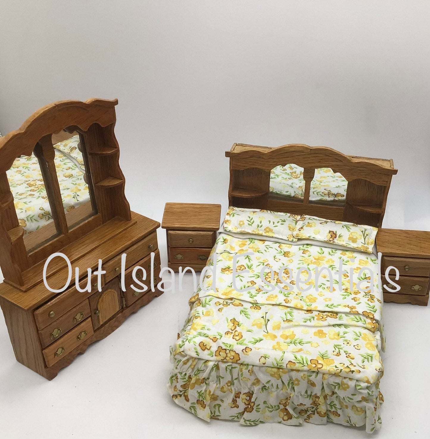 4 Pc. Miniature Oak Double Bedroom Set I Dollhouse Miniature Furniture I Miniature 1:12 Scale Oak Bed I Miniature Bedroom Set