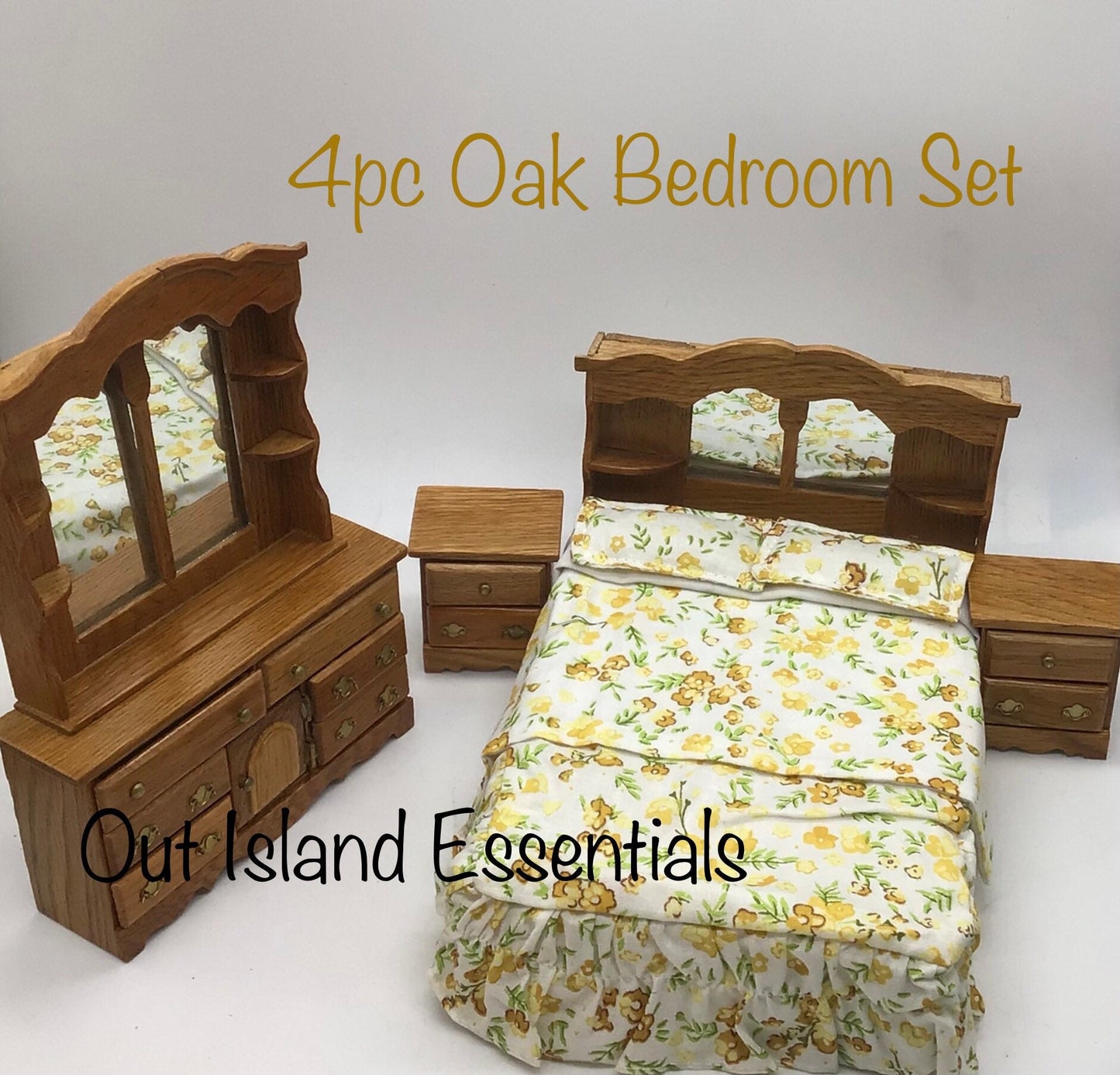 4 Pc. Miniature Oak Double Bedroom Set I Dollhouse Miniature Furniture I Miniature 1:12 Scale Oak Bed I Miniature Bedroom Set