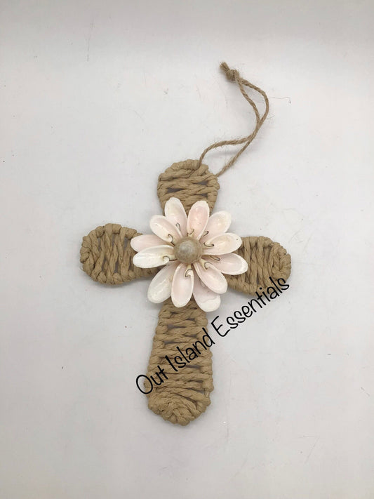 Straw And Seashell Cross Christmas Ornament I Seashell Cross I Straw Hanging Cross I Easter Cross I All Year Coastal Cross