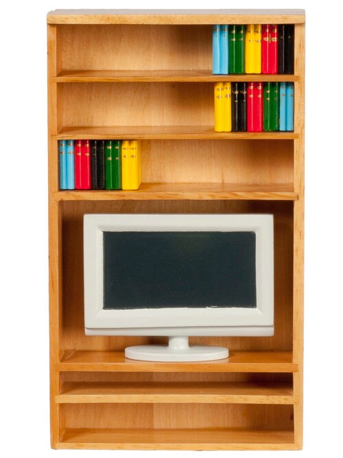 Miniature Book Shelf With T.V. & Books I Miniature Bookcase I Dollhouse Miniature Furniture I Miniature 1:12 Scale Display Bookshelf