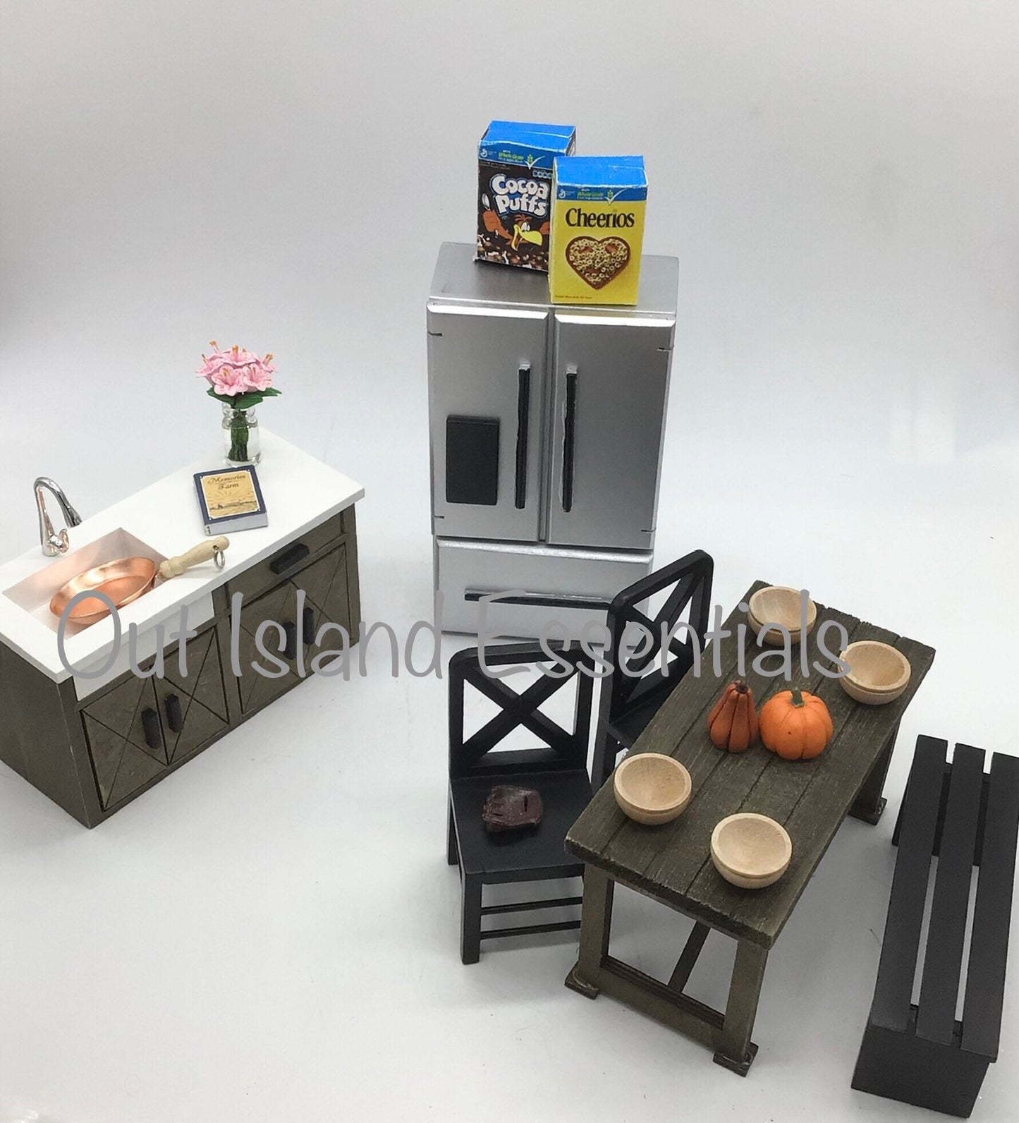 Miniature Kitchen & Dining I Dollhouse Miniature Dark Wood Table And Stainless Steel Fridge I Miniature 1:12 Scale Kitchen