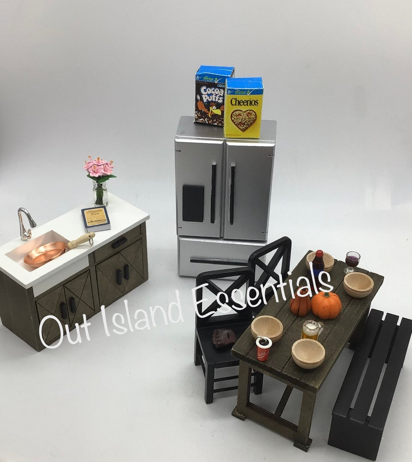 Miniature Kitchen & Dining I Dollhouse Miniature Dark Wood Table And Stainless Steel Fridge I Miniature 1:12 Scale Kitchen