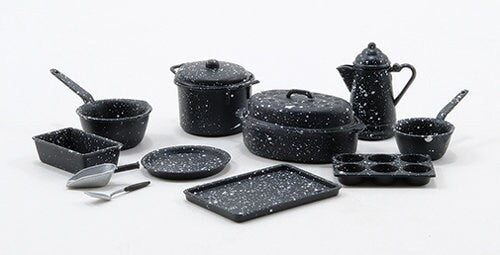 14 Pc. Dollhouse Black Spatterware Pot Set