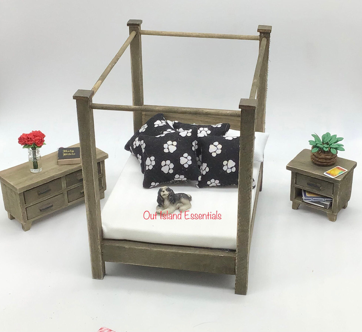 6 Pc. Miniature Wood Double Bedroom Set I Dollhouse Miniature Furniture I Miniature 1:12 Scale Wood Look Bed I Miniature Four Poster Bed