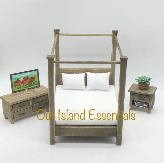 6 Pc. Miniature Wood Double Bedroom Set I Dollhouse Miniature Furniture I Miniature 1:12 Scale Wood Look Bed I Miniature Four Poster Bed