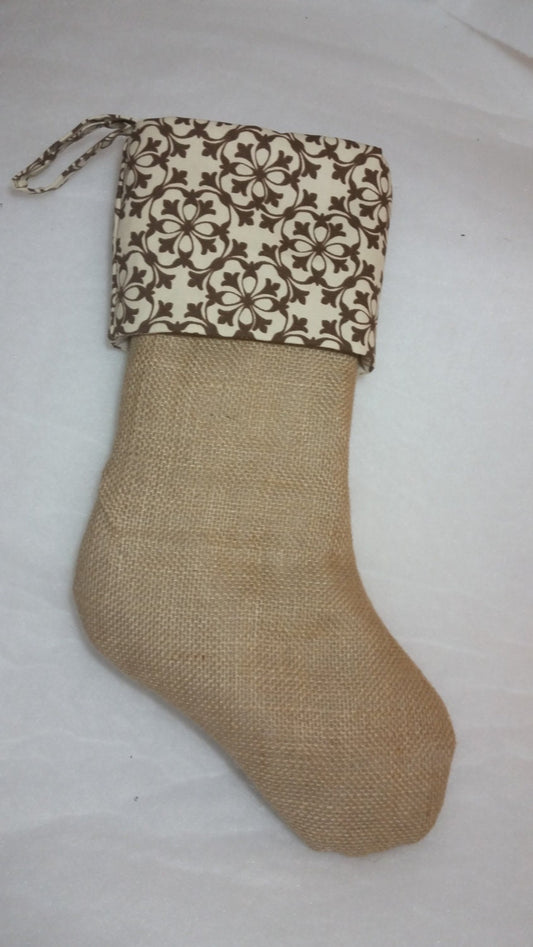 SALE 50% Off Natural Burlap Christmas Stocking with Brown Abstract Cuff I Abstract Stocking I Christmas Stocking