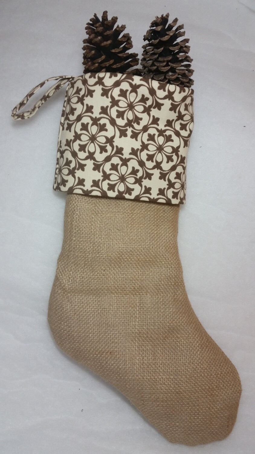 SALE 50% Off Natural Burlap Christmas Stocking with Brown Abstract Cuff I Abstract Stocking I Christmas Stocking