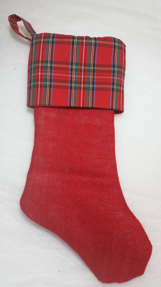 Red Burlap Christmas Stocking with Red Tartan Plaid Cuff