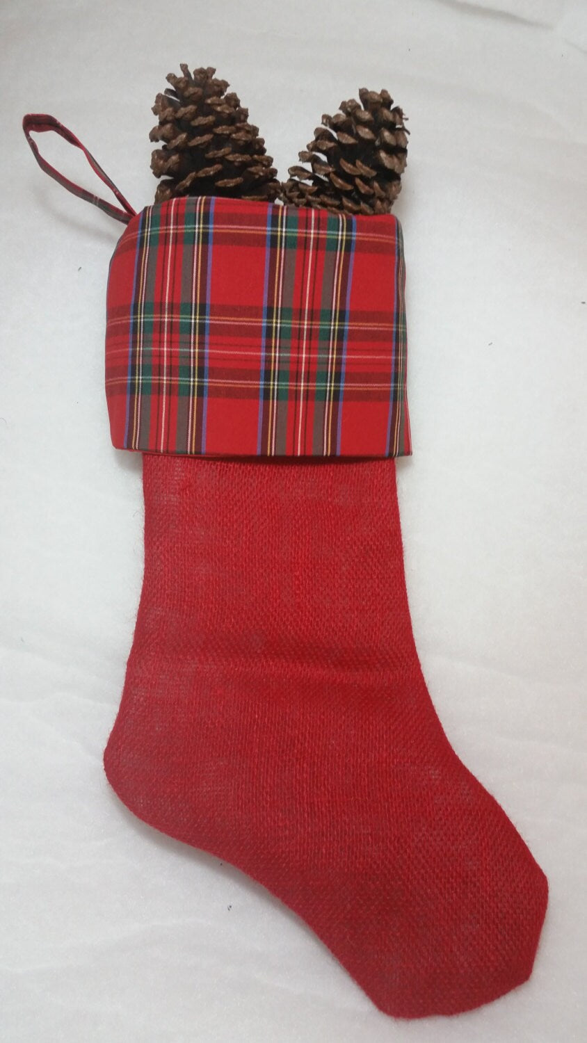 Red Burlap Christmas Stocking with Red Tartan Plaid Cuff