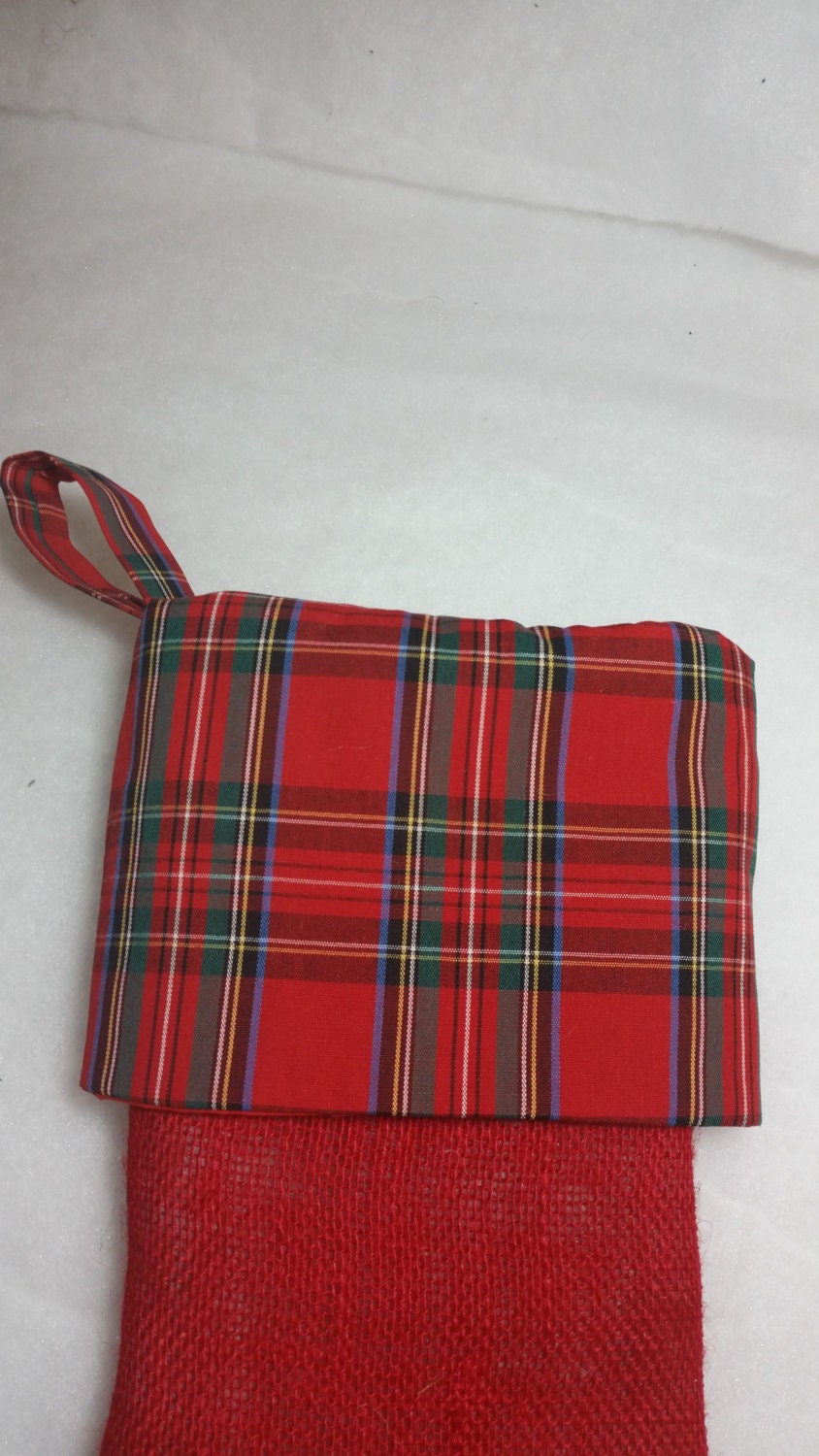 Red Burlap Christmas Stocking with Red Tartan Plaid Cuff