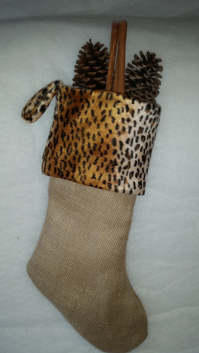 SALE! 60% Off Natural Burlap Christmas Stocking with Faux Cheetah Skin Cuff I Animal Print Stocking I Cheetah Stocking