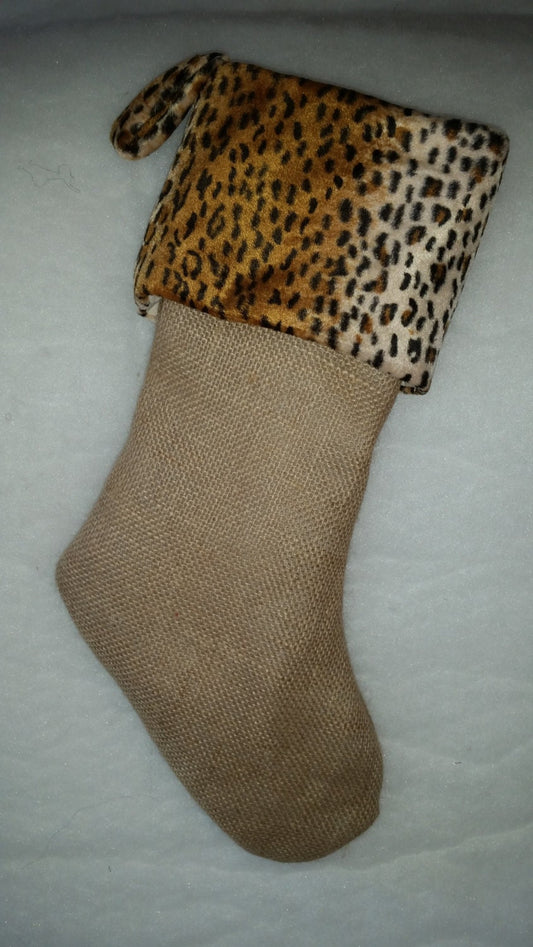 SALE! 60% Off Natural Burlap Christmas Stocking with Faux Cheetah Skin Cuff I Animal Print Stocking I Cheetah Stocking