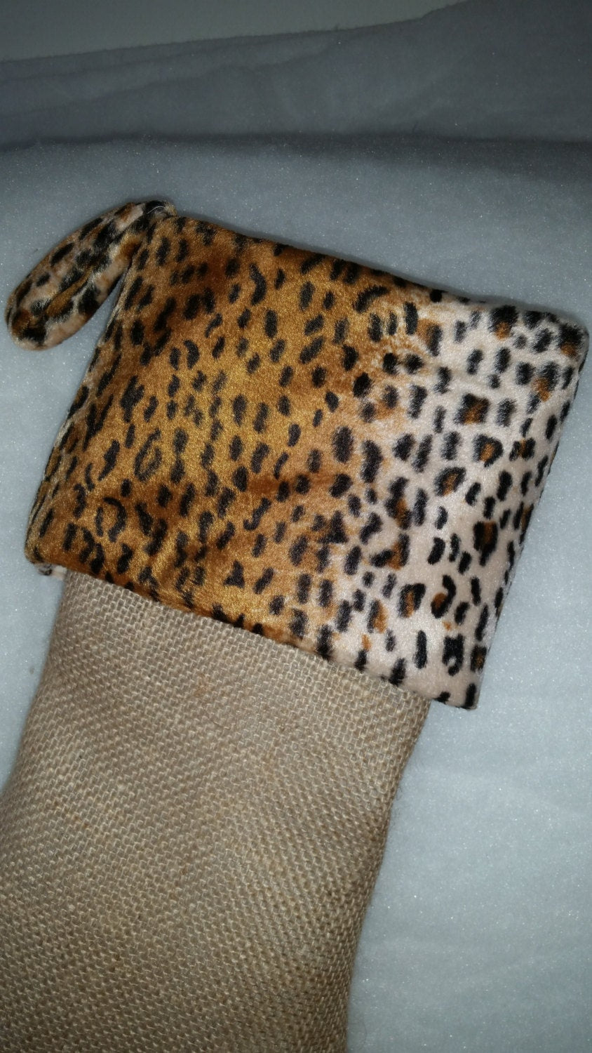 SALE! 60% Off Natural Burlap Christmas Stocking with Faux Cheetah Skin Cuff I Animal Print Stocking I Cheetah Stocking