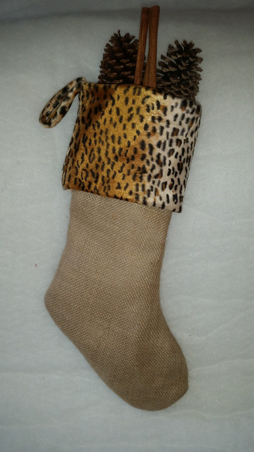 SALE! 60% Off Natural Burlap Christmas Stocking with Faux Cheetah Skin Cuff I Animal Print Stocking I Cheetah Stocking