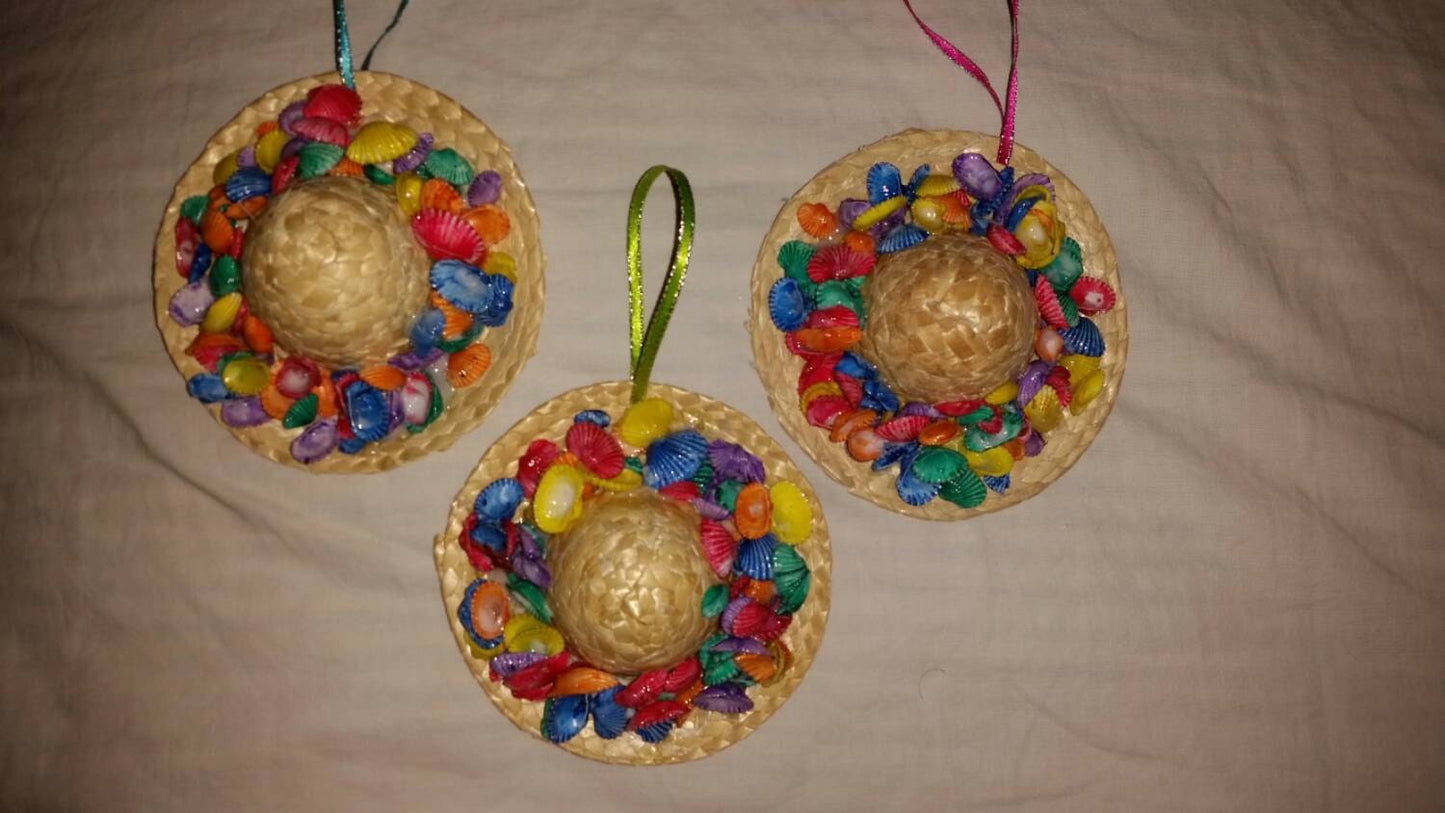 Sonny Shell Sombrero, Straw Hat Christmas Ornament, Seashell Christmas Ornament