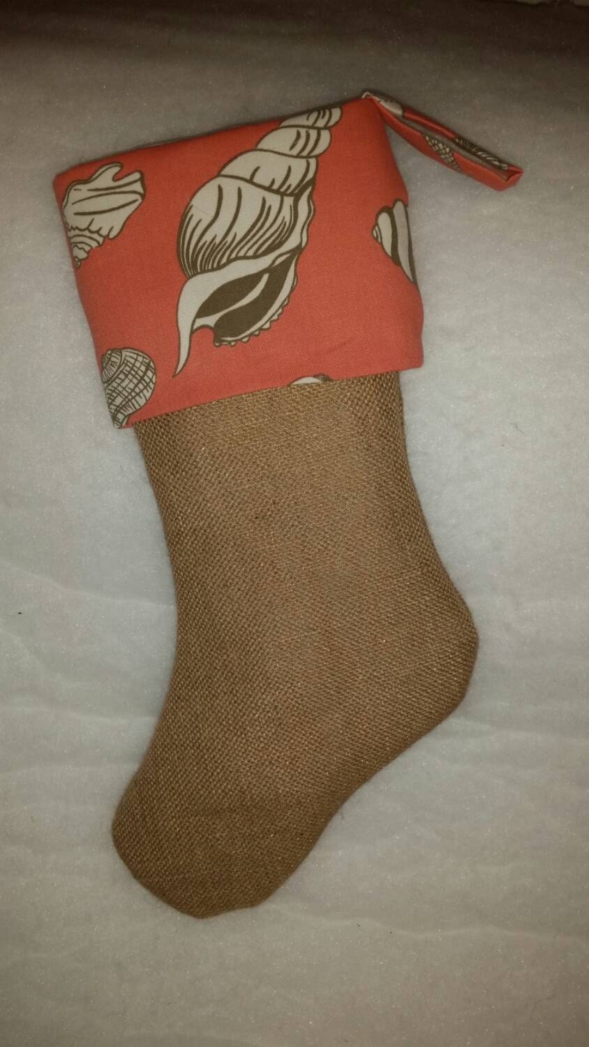 SALE 50% Off Natural Burlap Christmas Stocking With Home Deco Seashell Fabric Cuff