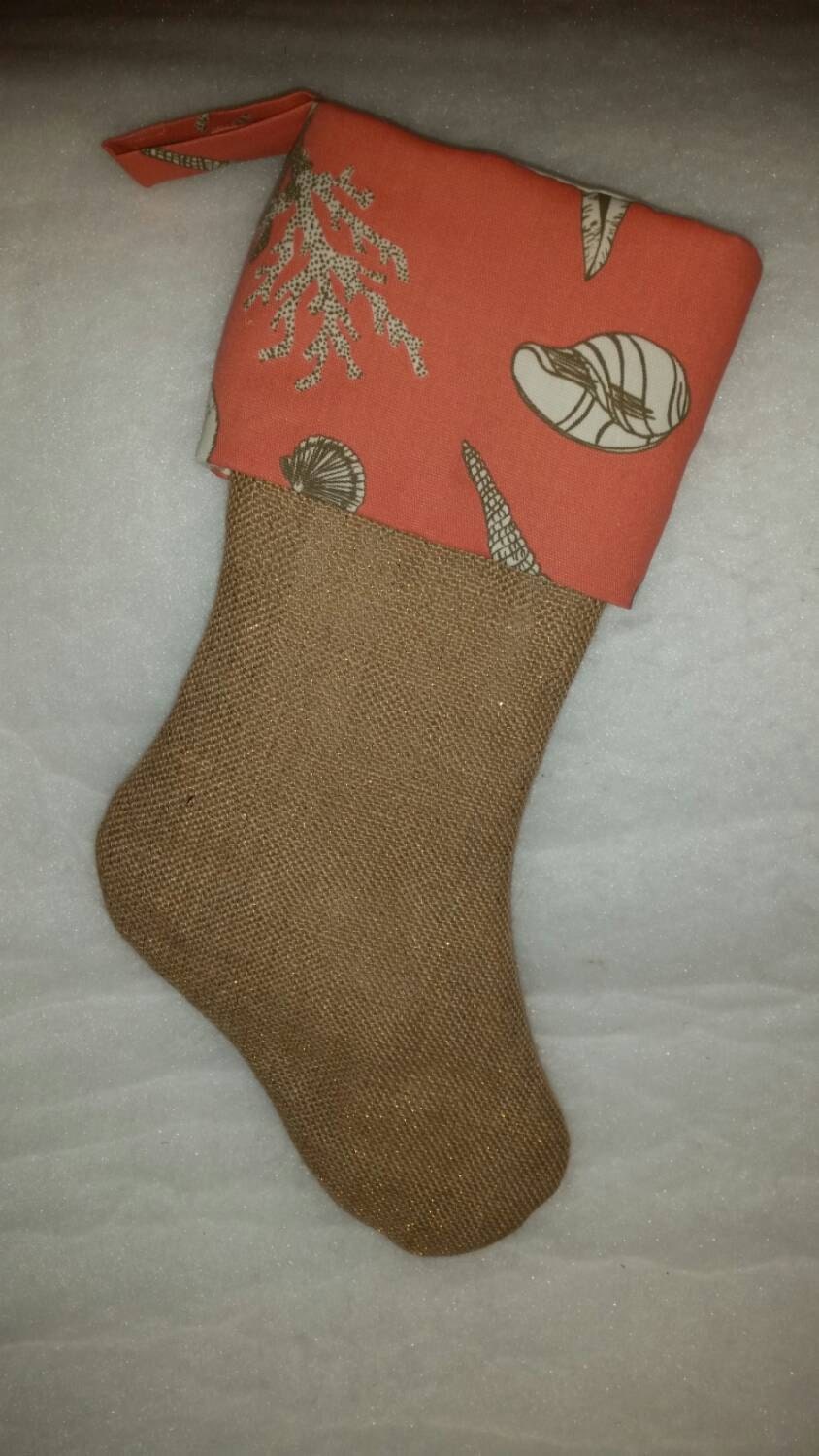 SALE 50% Off Natural Burlap Christmas Stocking With Home Deco Seashell Fabric Cuff