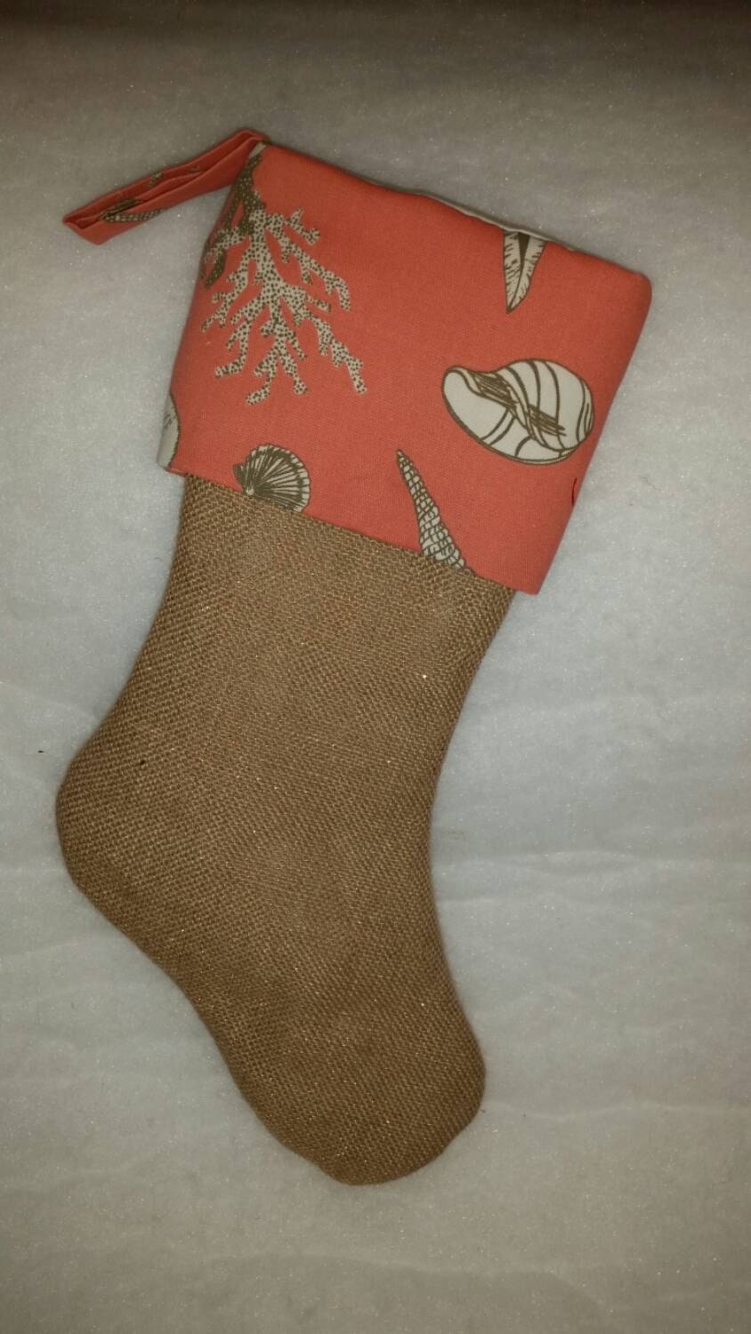 SALE 50% Off Natural Burlap Christmas Stocking With Home Deco Seashell Fabric Cuff