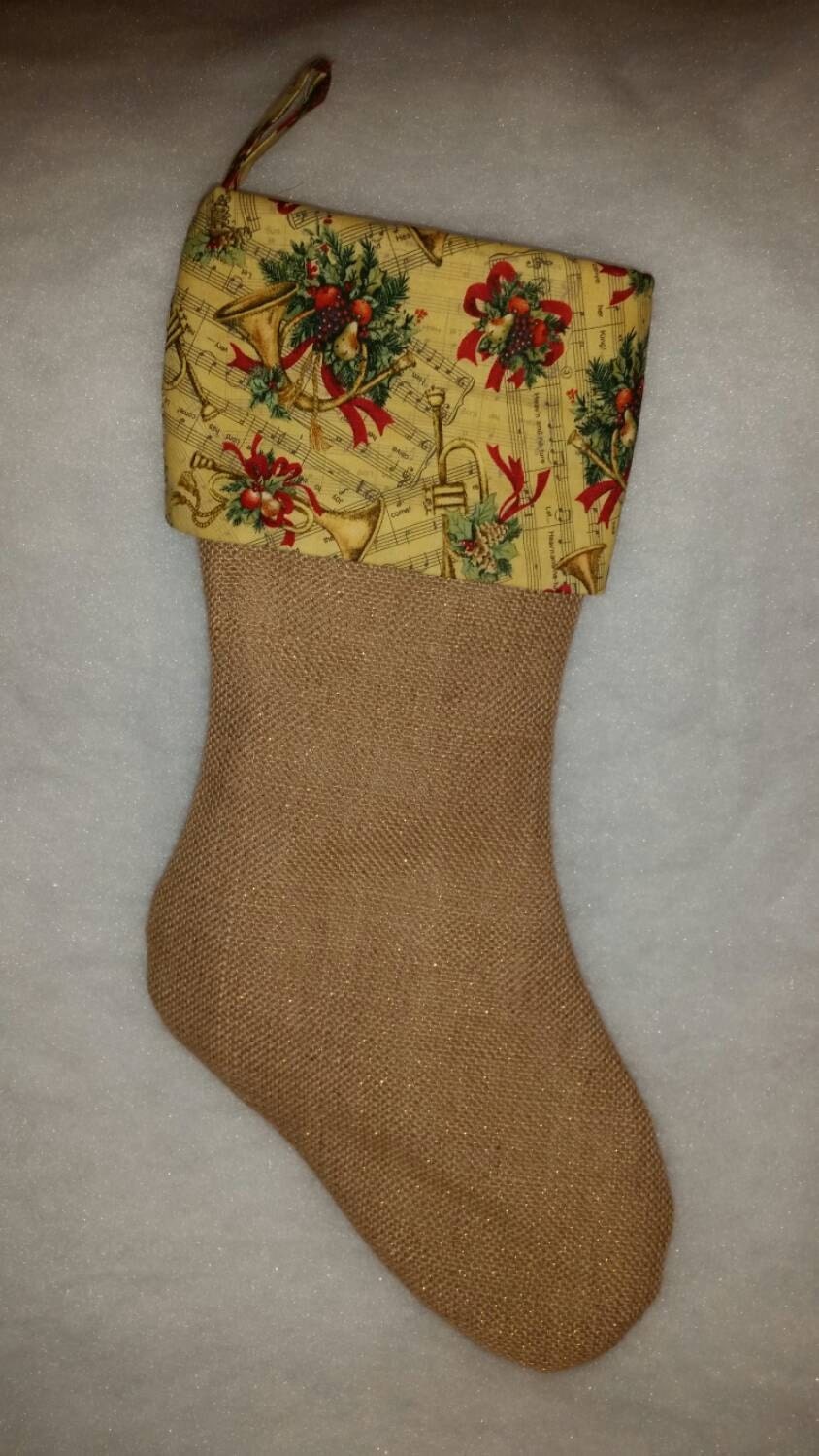 SALE 50% Off Natural Burlap Christmas Stocking with Majestic Horns and Sheet Music Cuff I Music Stocking I Symphony Stocking I Gold Stocking