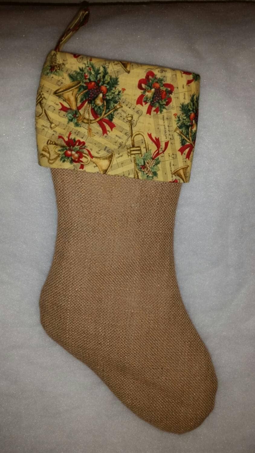 SALE 50% Off Natural Burlap Christmas Stocking with Majestic Horns and Sheet Music Cuff I Music Stocking I Symphony Stocking I Gold Stocking