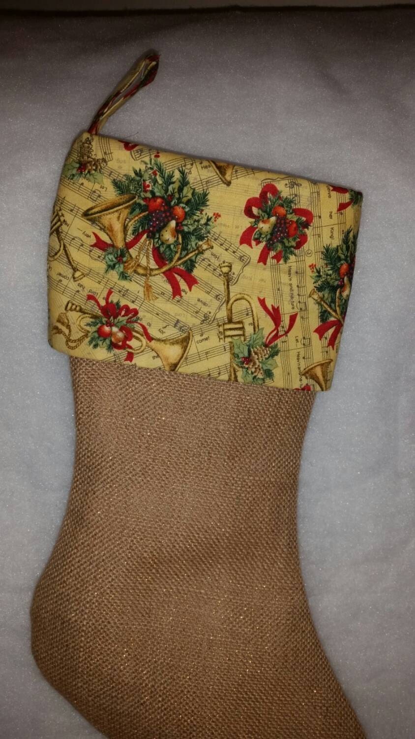 SALE 50% Off Natural Burlap Christmas Stocking with Majestic Horns and Sheet Music Cuff I Music Stocking I Symphony Stocking I Gold Stocking